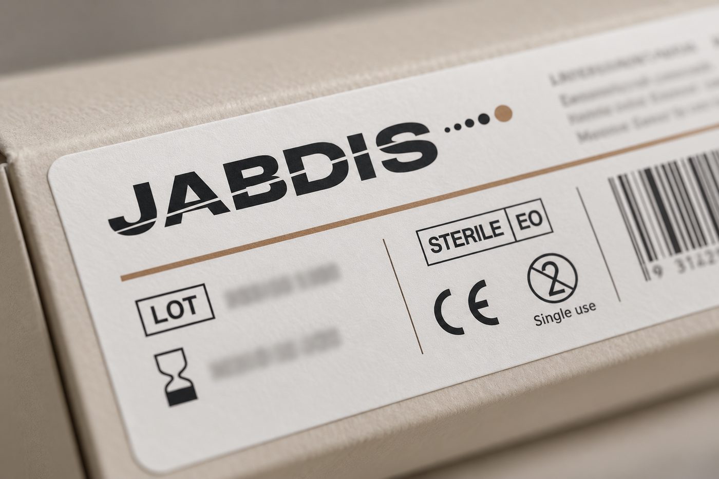 Etiqueta de producto Jabdis con lote, caducidad, esterilización y marcado CE